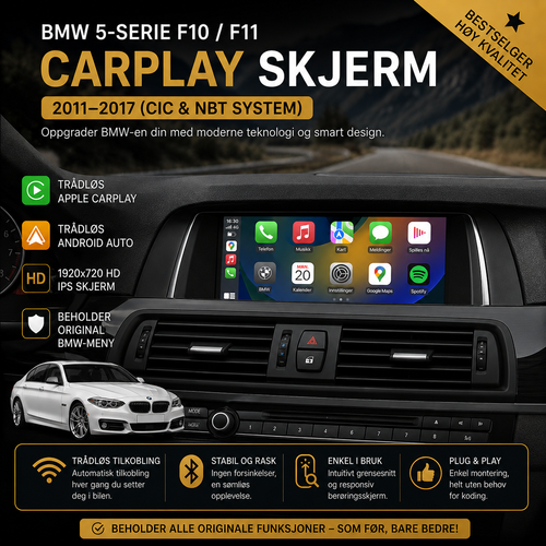 BMW 5-Serie F10/F11 CarPlay Skjerm – CIC & NBT 2011–2017