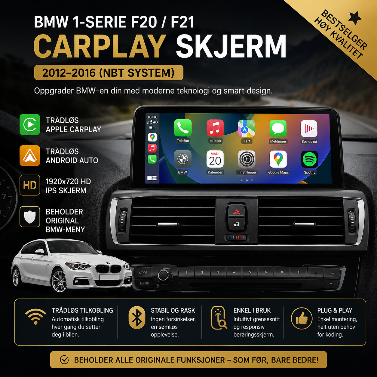 BMW 1-Serie F20/F21 CarPlay Skjerm – NBT 2012–2016