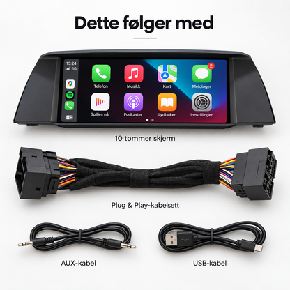 10-tommers CarPlay-skjerm til BMW F10/F11 med kabelsett, AUX-kabel og USB-kabel.