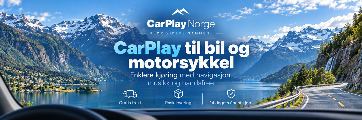 CarPlayNorge – CarPlay til bil og motorsykkel. Navigasjon, musikk og handsfree. Gratis frakt, rask levering og 14 dagers åpent kjøp.
