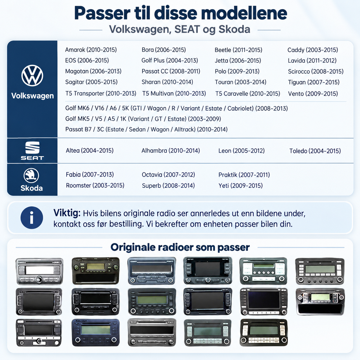 CarPlay-radio til Volkswagen, SEAT & Škoda – 7" | 2003–2015