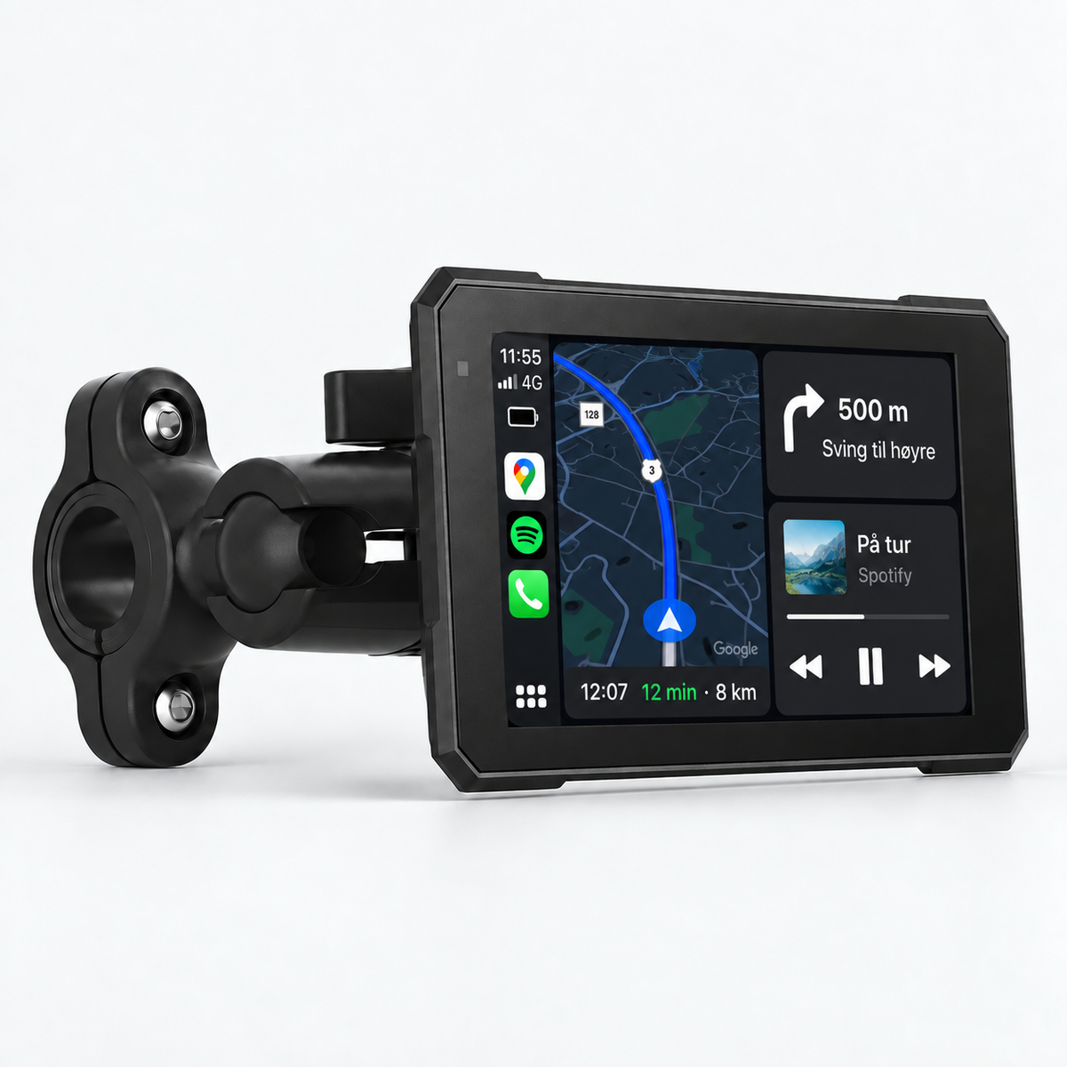 BikePlay 5-tommers skjerm med Google Maps og Spotify i delt CarPlay-visning.
