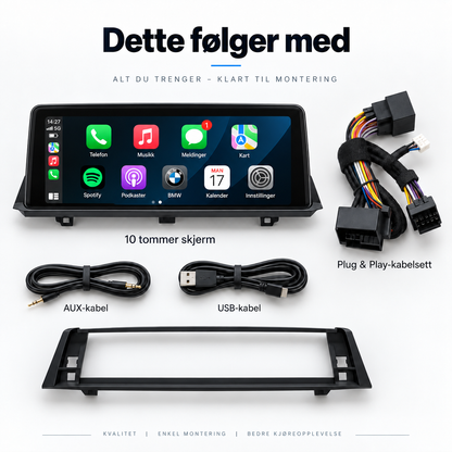 10-tommers BMW CarPlay-skjerm med kabelsett, AUX-kabel, USB-kabel og monteringsramme.