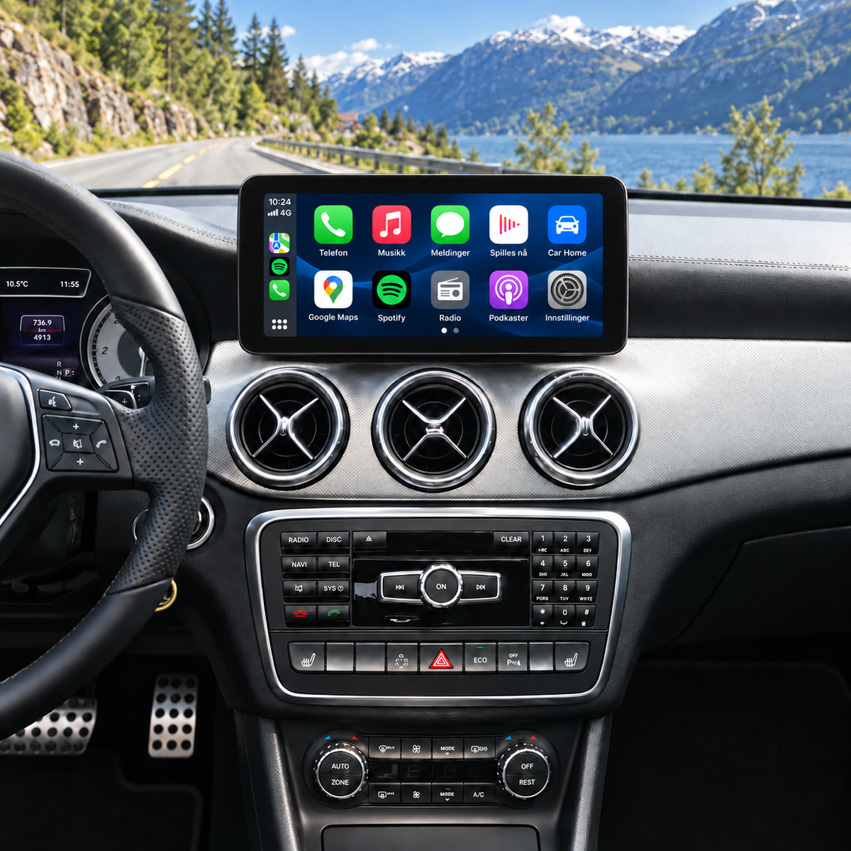 Illustrasjon av 10" CarPlay-skjerm i Mercedes CLA C117 med CarPlay-appmeny.