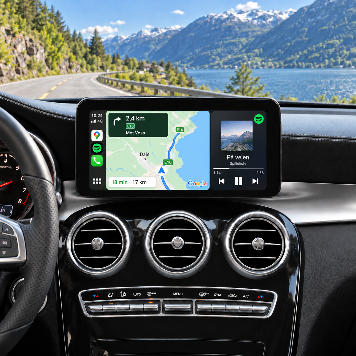Illustrasjon av 10" CarPlay-skjerm i Mercedes GLC X253 med kart og Spotify i delt visning.
