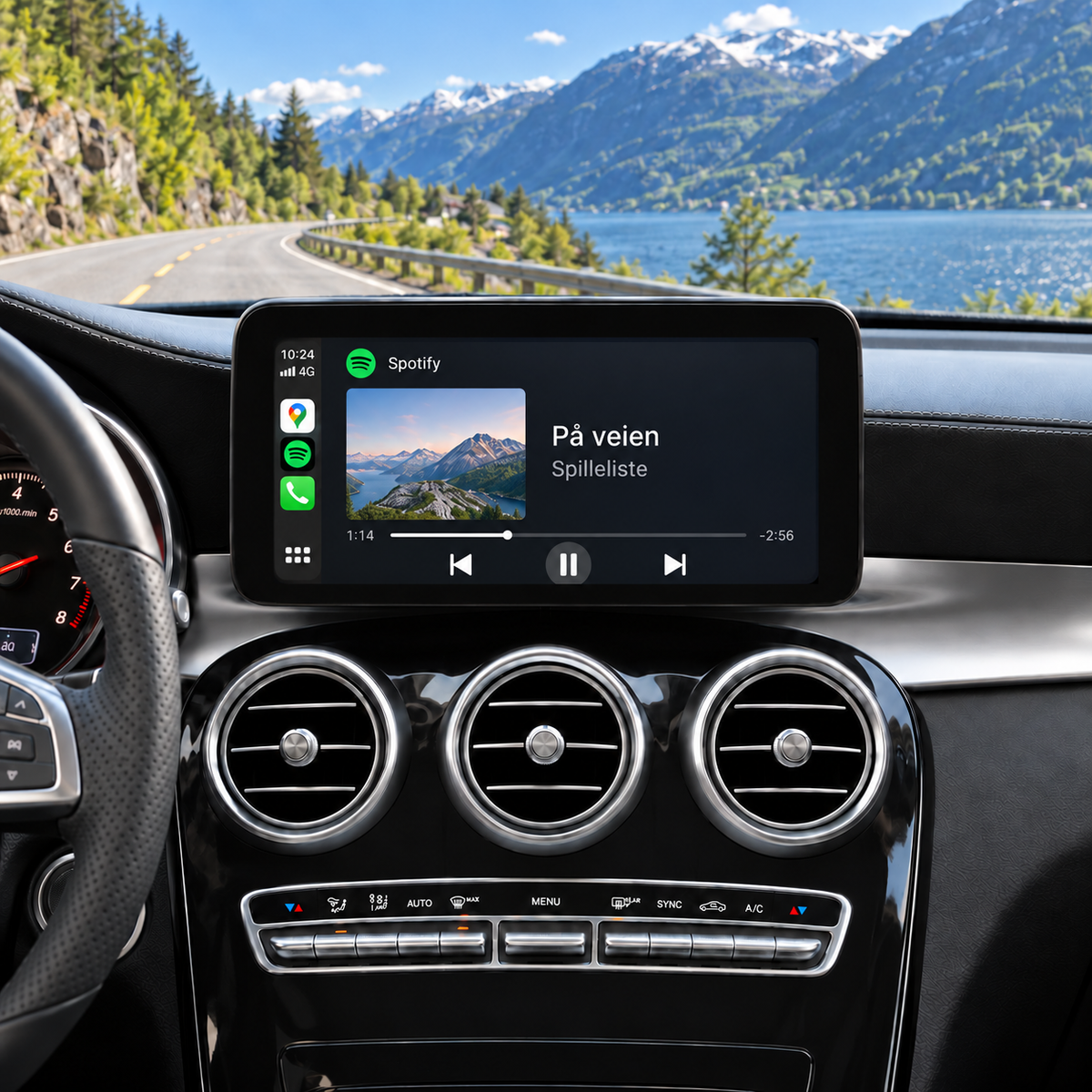 Illustrasjon av 10" CarPlay-skjerm i Mercedes GLC X253 med Spotify-musikkavspilling.