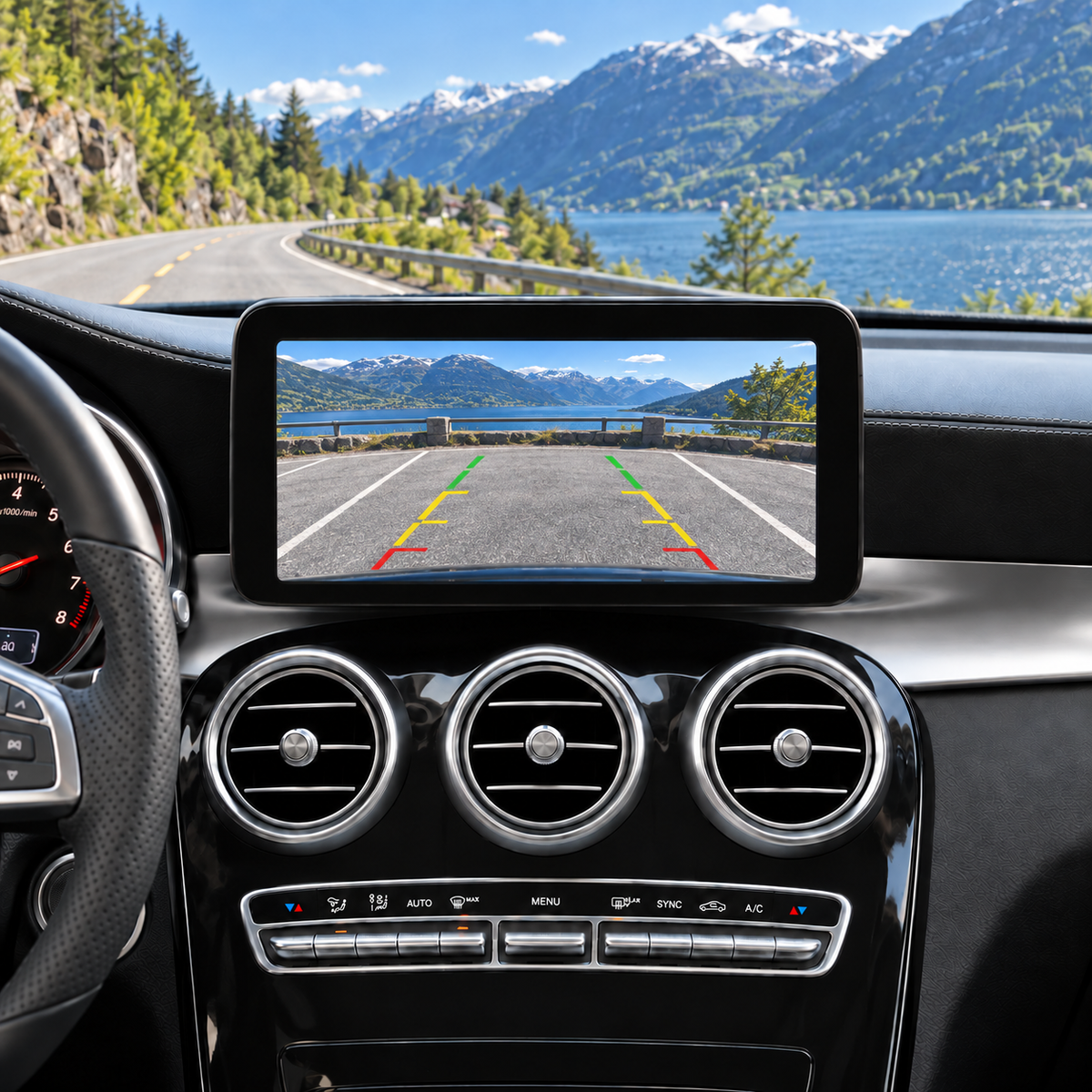 Illustrasjon av 10" CarPlay-skjerm i Mercedes GLC X253 med eksempel på ryggekameravisning.