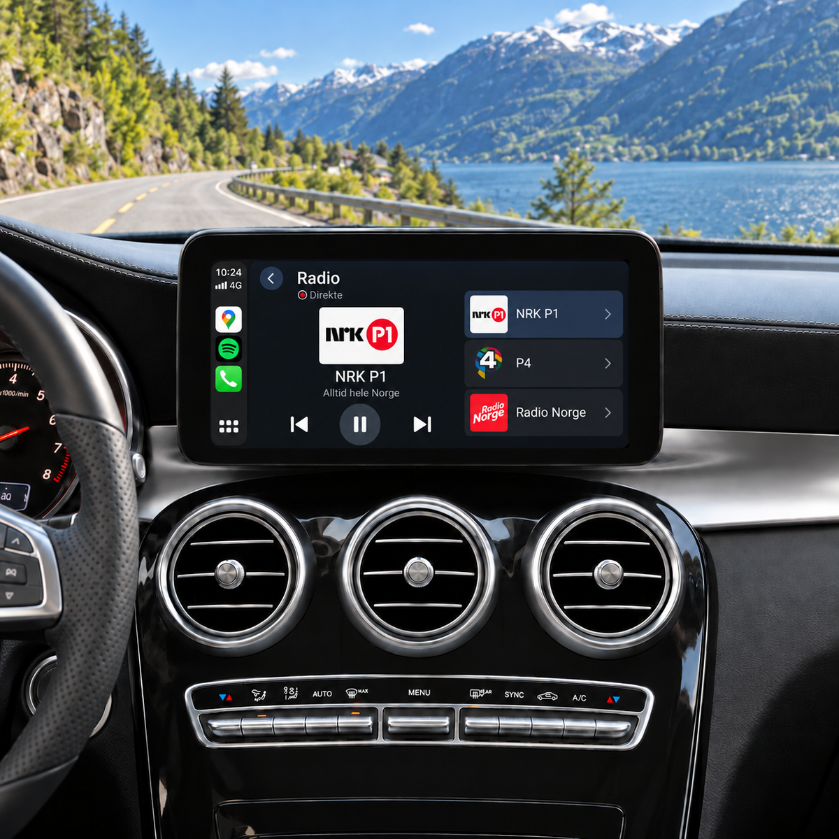 Illustrasjon av 10" CarPlay-skjerm i Mercedes GLC X253 med radioapp med norske nettradiokanaler.