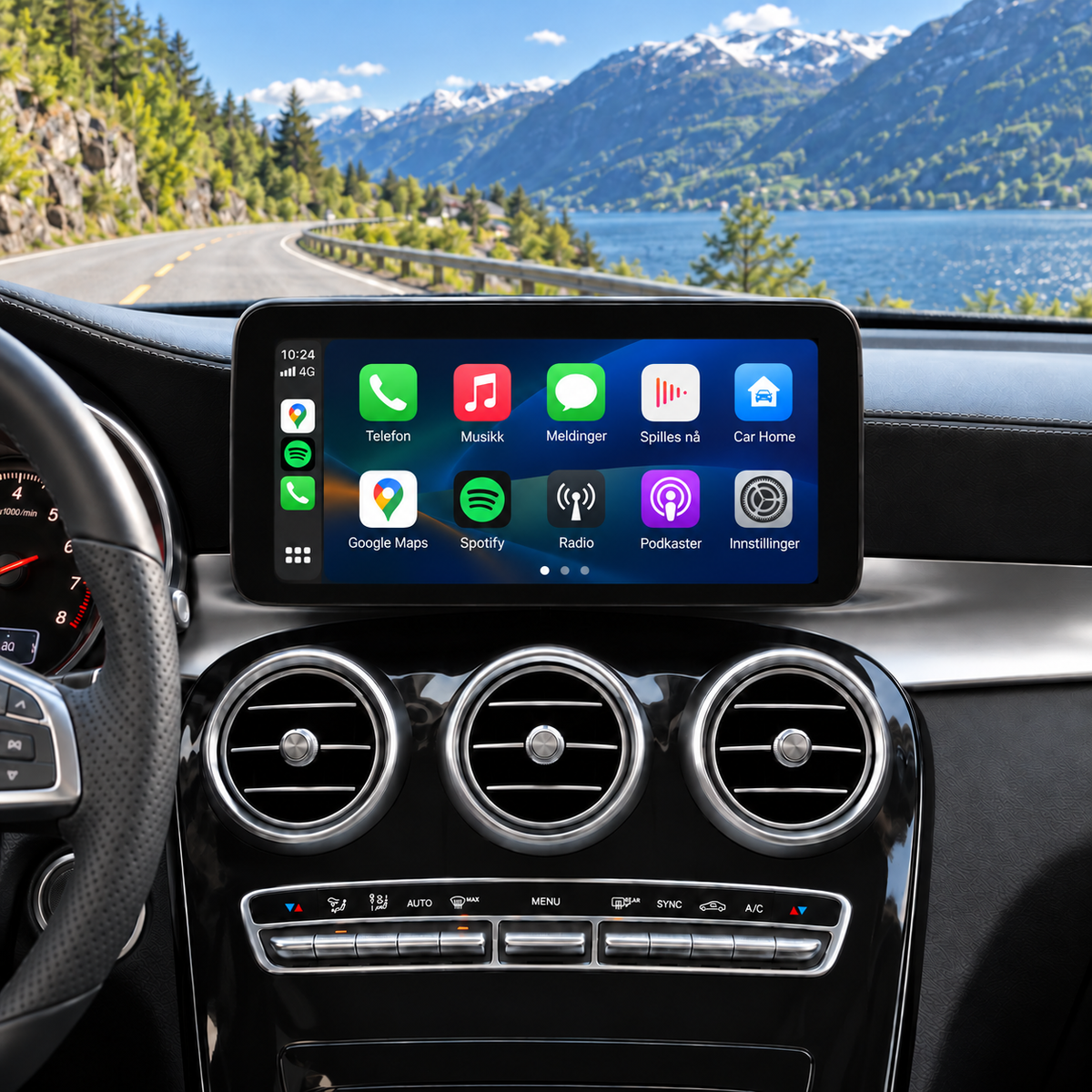Illustrasjon av 10" CarPlay-skjerm i Mercedes GLC X253 med CarPlay-appmeny.