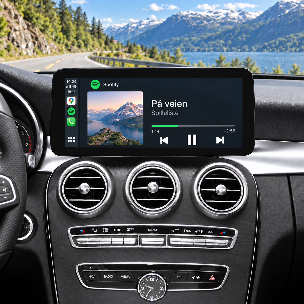 Illustrasjon av 10" CarPlay-skjerm i Mercedes C-Klasse W205 med Spotify-musikkavspilling.