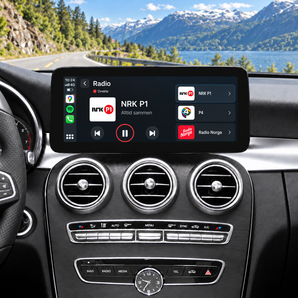 Illustrasjon av 10" CarPlay-skjerm i Mercedes C-Klasse W205 med radioapp med norske nettradiokanaler.