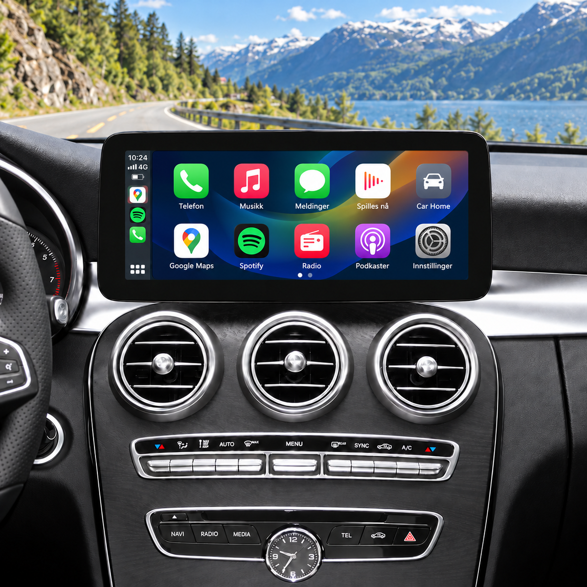 Illustrasjon av 10" CarPlay-skjerm i Mercedes C-Klasse W205 med CarPlay-appmeny.