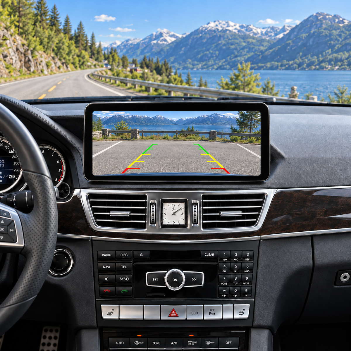Illustrasjon av 10" CarPlay-skjerm i Mercedes E-Klasse W212 med eksempel på ryggekameravisning.