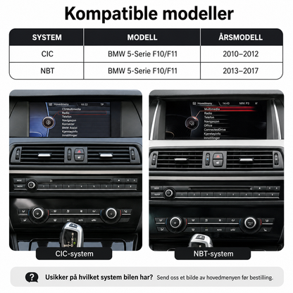 BMW 5-Serie F10/F11 CarPlay Skjerm – CIC & NBT 2011–2017