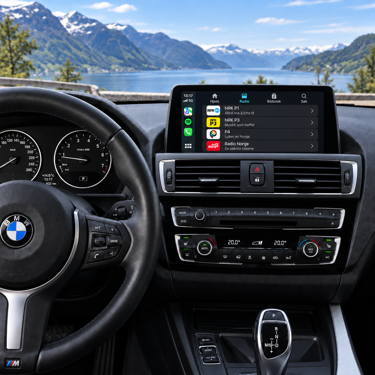 Nettradio i CarPlay på BMW 1-/2-serie-skjermen med NRK P1, NRK P3, P4 og Radio Norge i menyen.