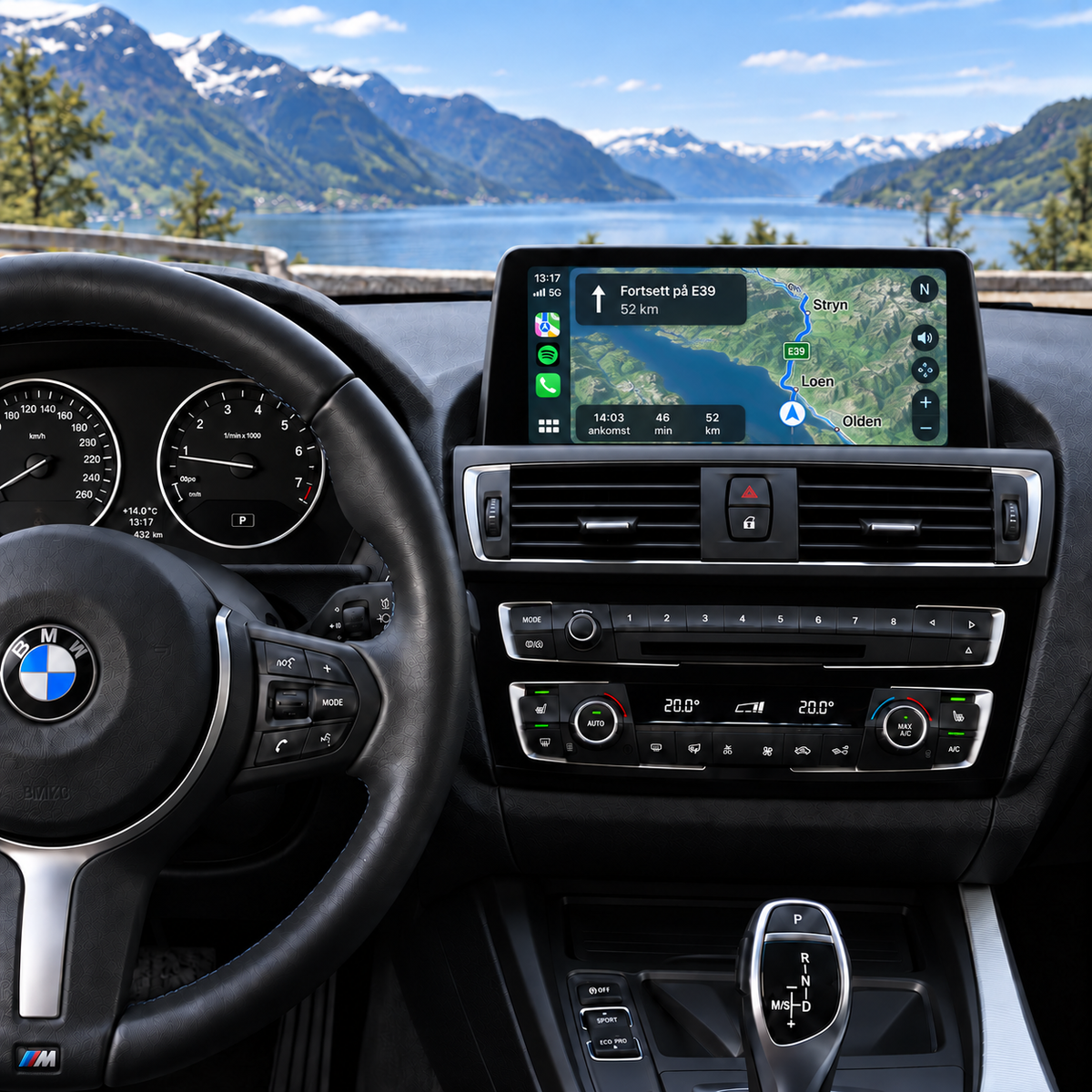 Kart og ruteveiledning ved Stryn, Loen og Olden på CarPlay-skjermen i BMW 1-/2-serie.