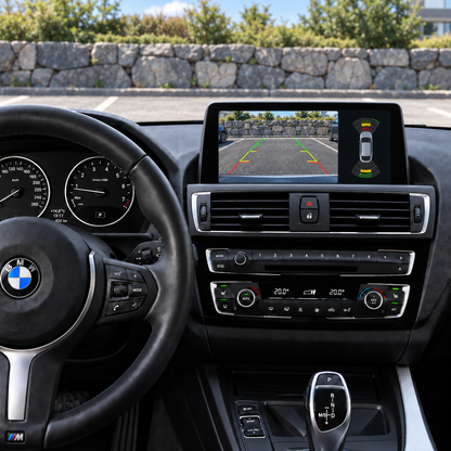 Ryggekamerabilde med fargede hjelpelinjer og parkeringssensorvisning på skjermen i BMW 1-/2-serie.