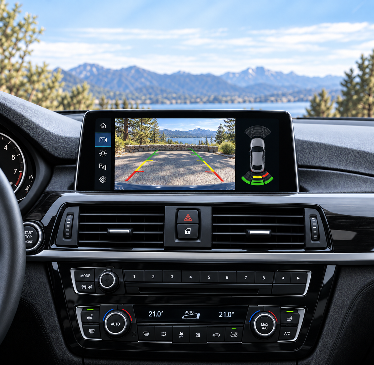 Skjerm i BMW 3-/4-serie med ryggekamerabilde, hjelpelinjer og parkeringssensorvisning.